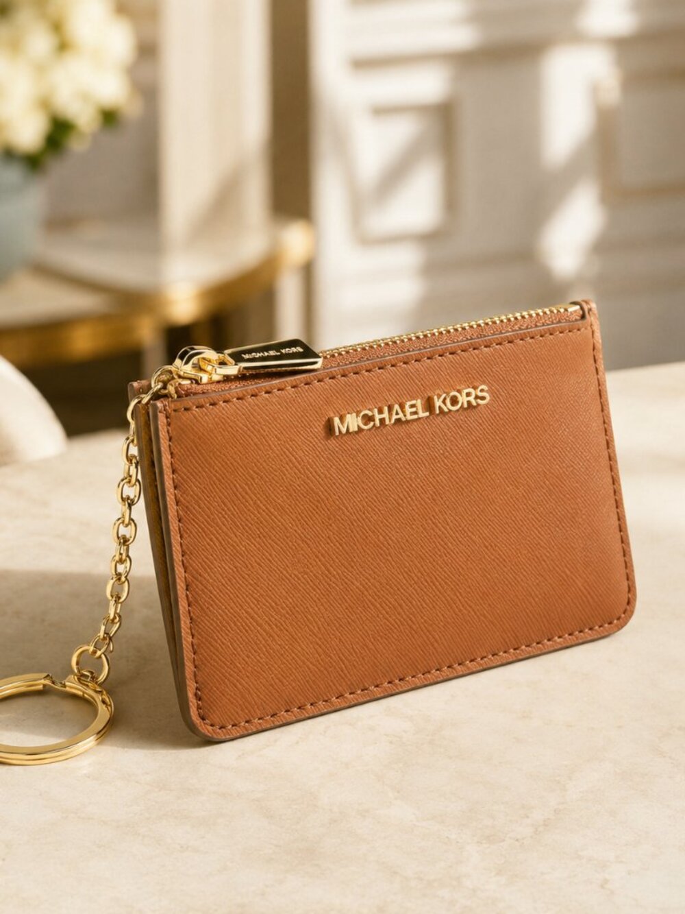 Michael Kors Saffiano Leather Cardholder Key Ring ID Wallet Zip NWT